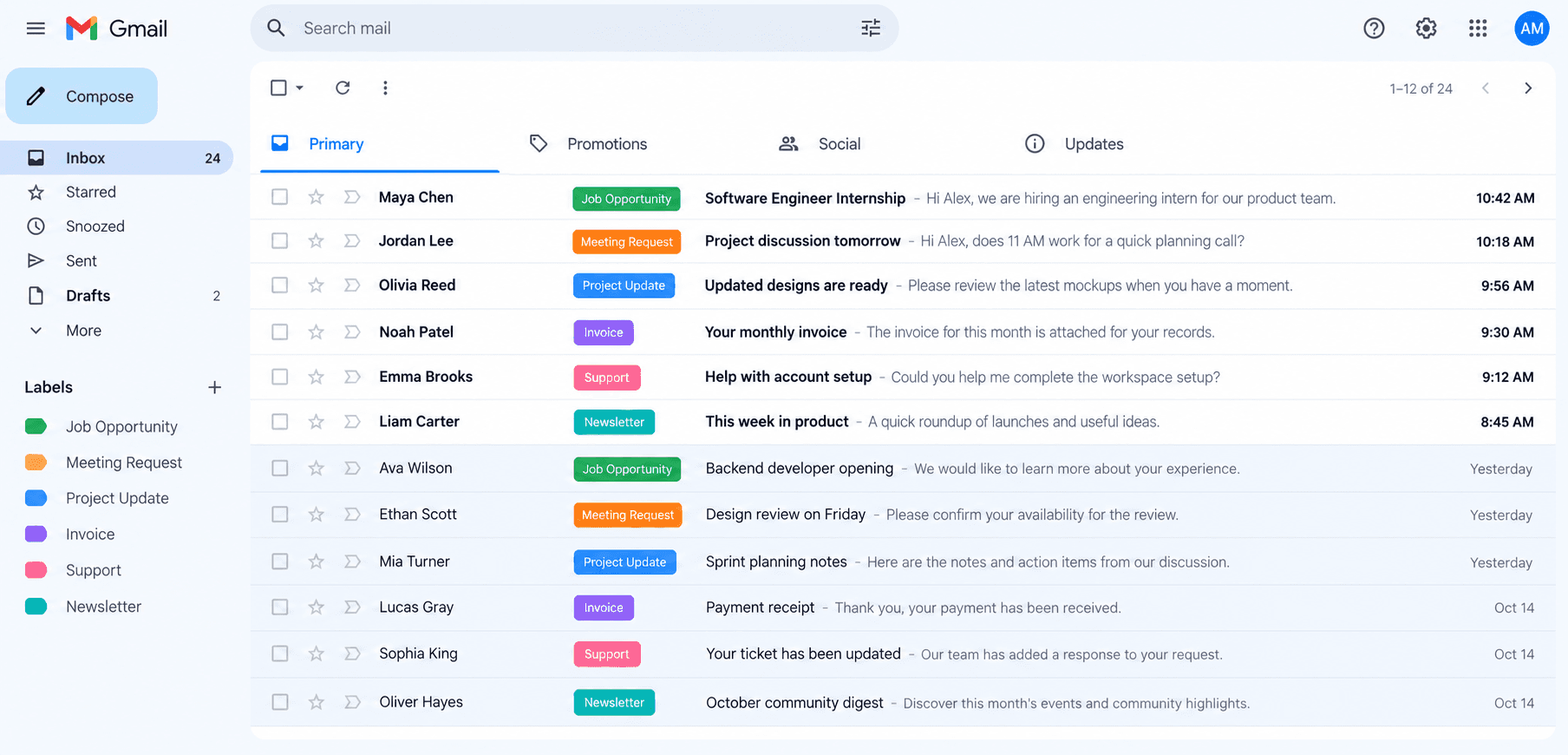 Illustrative Gmail inbox for fictional user Alex Morgan, showing emails with Job Opportunity, Meeting Request, Project Update, Invoice, Support, and Newsletter tags.